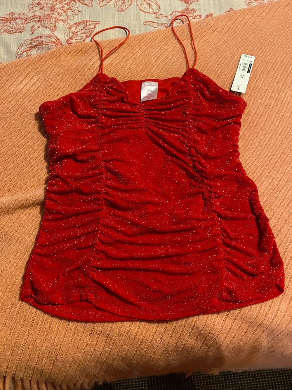No Boundaries Red Sparkle Ruched Cami with Adjustable Straps